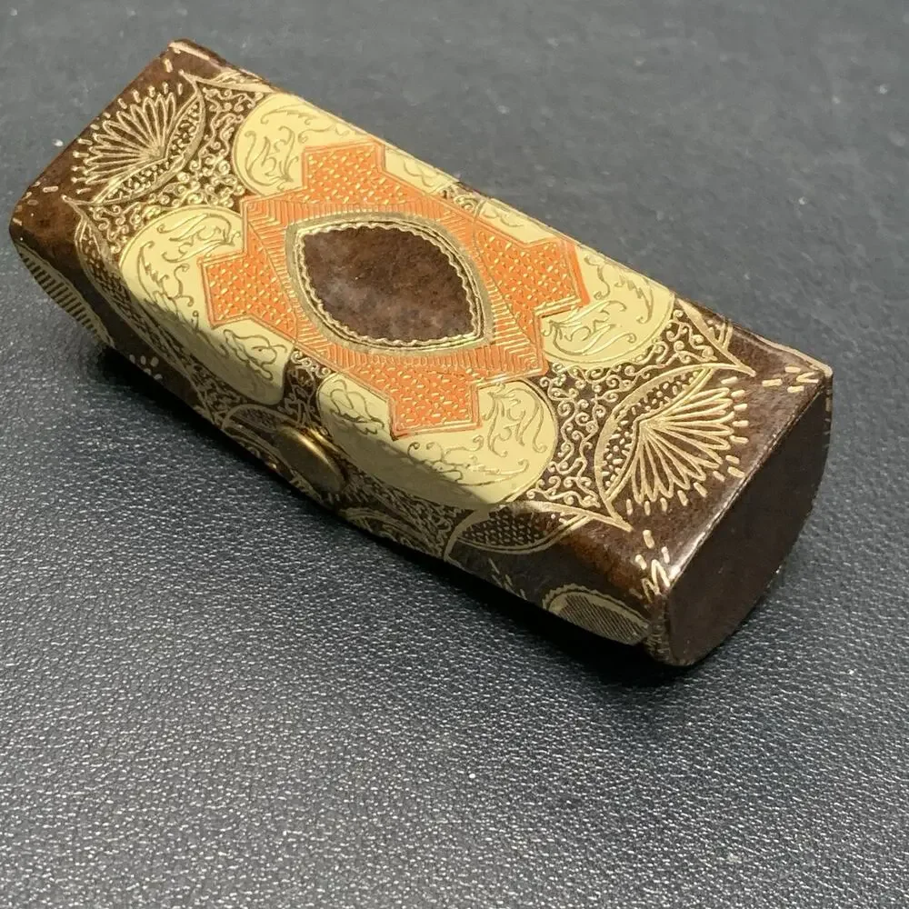 Vintage Fiocchi Italian Leather Lipstick Case- Brown & Gold Accents Mirror